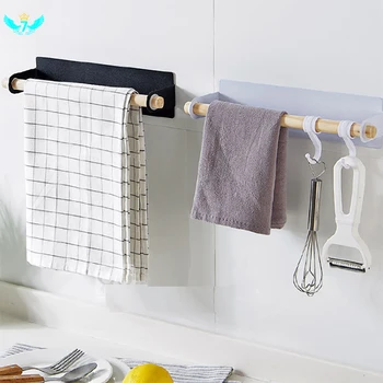 

Metal Wall Hanging Holder Wood Towel Shelf Toilet Paper Organizer Rag Holder Plastic Wrap Film Storage Racks Kitchen Accessorie