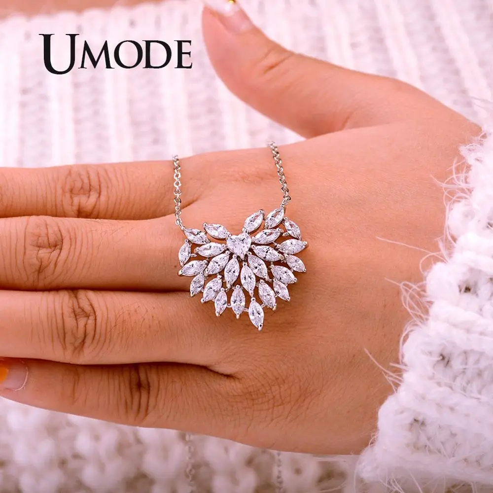 Женские свадебные Подвески UMODE ожерелья в форме сердца с прозрачным фианитом
