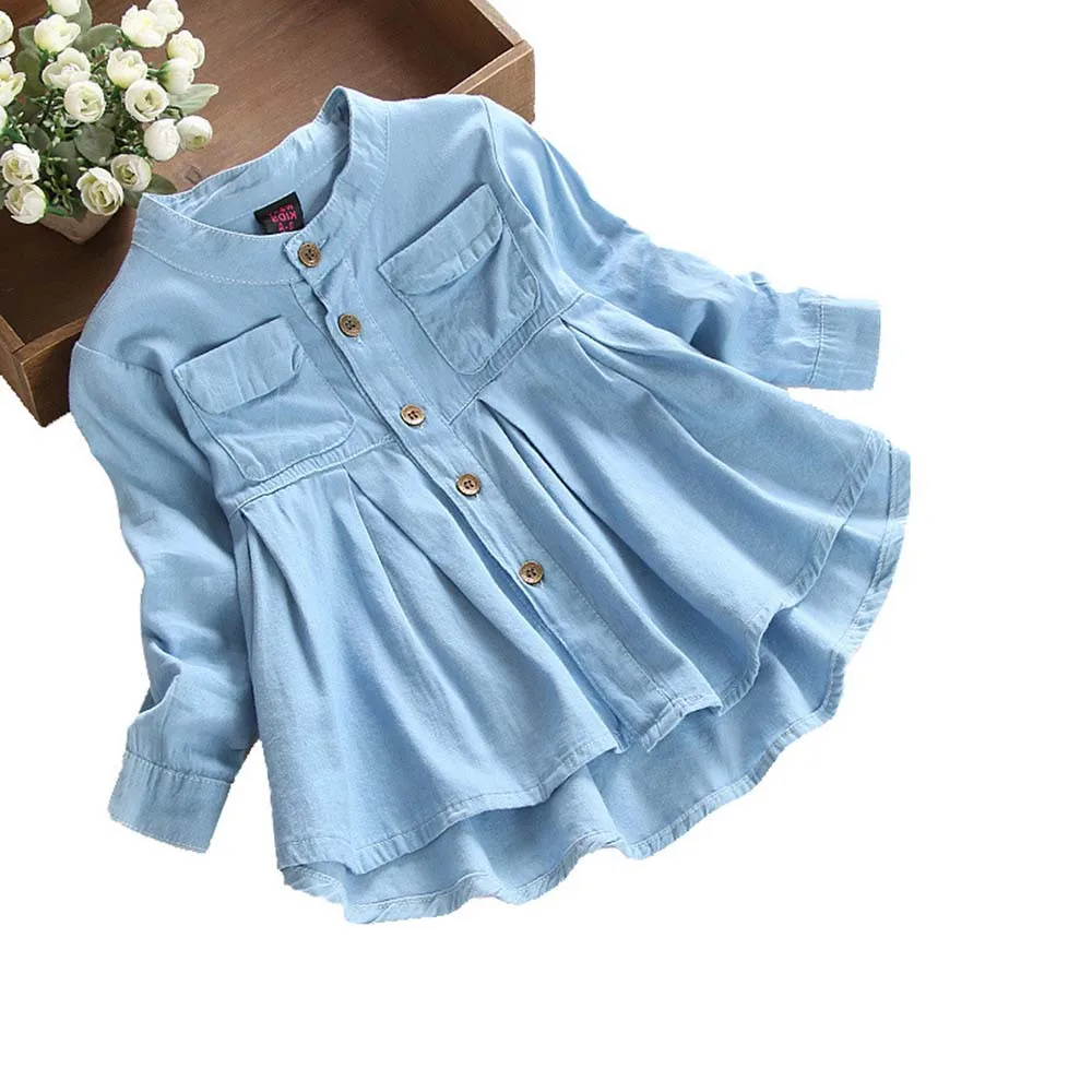 Модная детская одежда для девочек; хлопковая футболка с круглым вырезом; Джинсовая футболка с длинными рукавами и рюшами для малышей; топы; блузка; одежда; H4