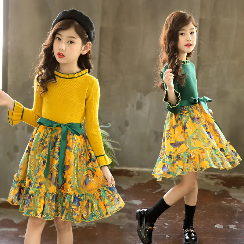 

Childrenswear 2019 Spring And Autumn Winter New Style Girls Western Style Korean-style Sweater plus Velvet Dress Middle And Larg