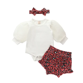 

2020 Fashion Infant Toddler Baby Girls Outfit Cotton Long Sleeve Bodysuit+Leopard Print PP Shorts Headband Sets 3pcs
