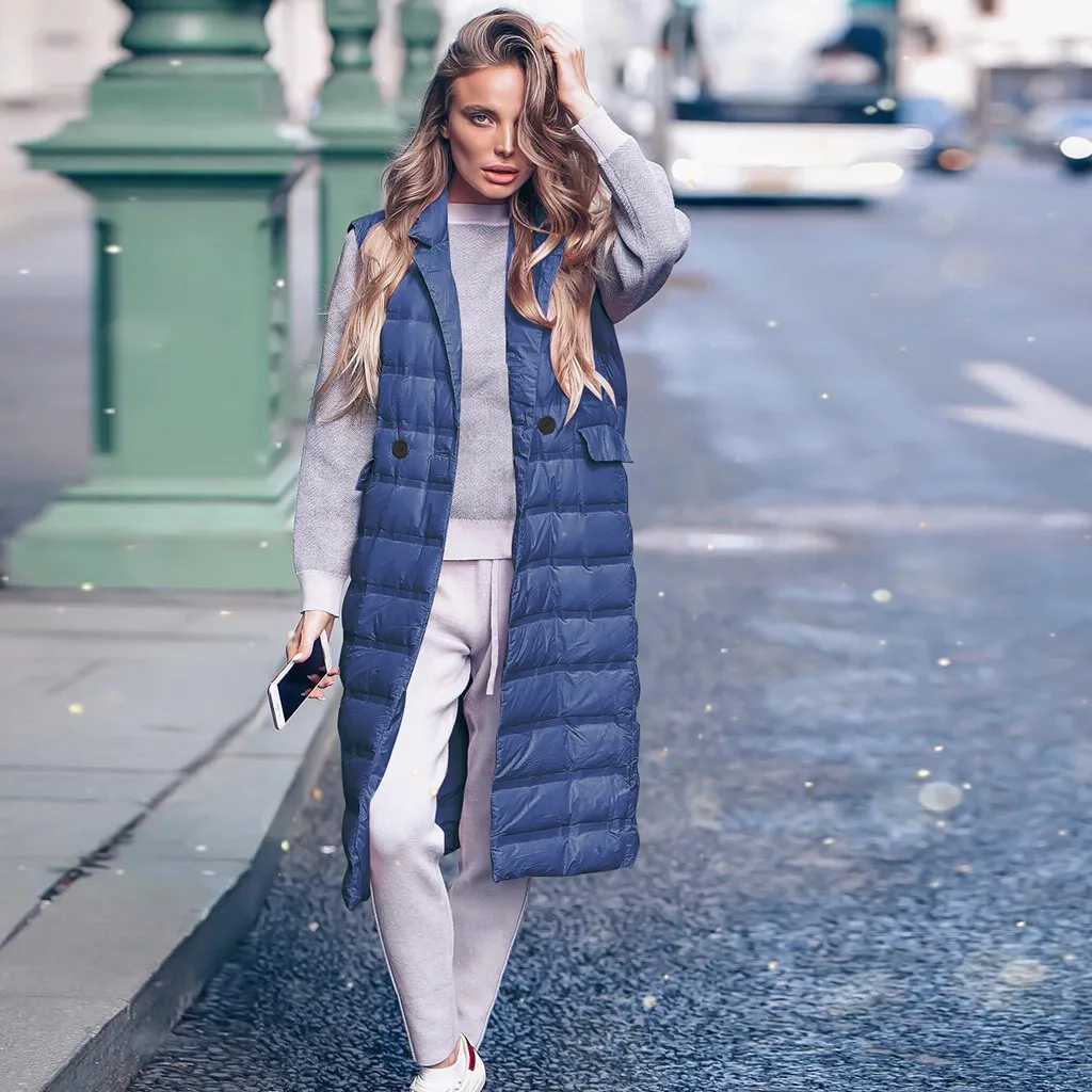 Winter Coats Fashion Parkas Women Solid Sleeveless Loose Female Outerwear Pocket Jacket Long Coat Vest пуховик женский | Женская