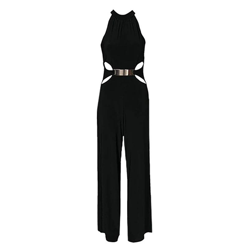 Elegant Lady Sexy Hollow Out Jumpsuits Women Black Set Sleeveless Loose Pants Jumpsuit