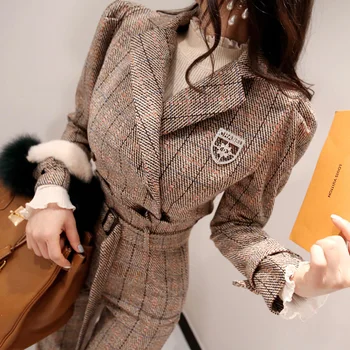 

winter elegant Office lady Pant suit Women's Sets plaid woolen jacket & high waist plaid pants 2 piece set women trousers Sets