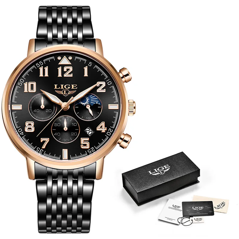 Rose gold black S LIGE Горячая Мода Нержавеющая сталь мужские часы, Хронограф Спортивные Повседневное кварцевые часы Бизнес мужские водонепроницаемые часы reloj hombre - Цвет: Rose gold black S