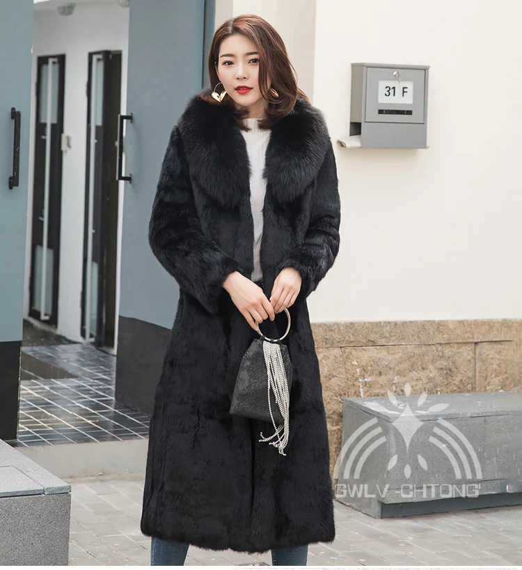 Черный New genuine real natural rabbit fur coat with fox fur collar women fashion long jacket with belt ladies warm outwear overcoat - Цвет: Черный