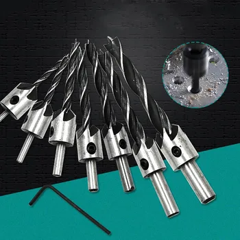 

7pc Adjusted Three Pointed Woodworking Countersunk Head Drill Bit Power Hand Tools HSS Reaming Chamfering Guide Drill Bits
