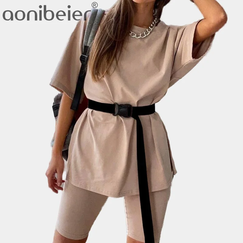 Aonibeier-conjunto deportivo para mujer, Camiseta holgada informal + Pantalones cortos elásticos de motorista, trajes de dos piezas con cinturón, verano 2021