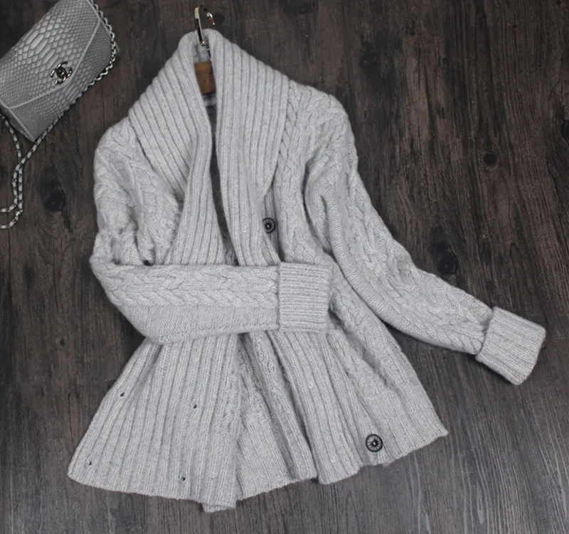 Ручная работа, кашемировый вязаный женский утепленный кардиган, пальто с отложным воротником, двубортный S/M/L/XL,, розничная