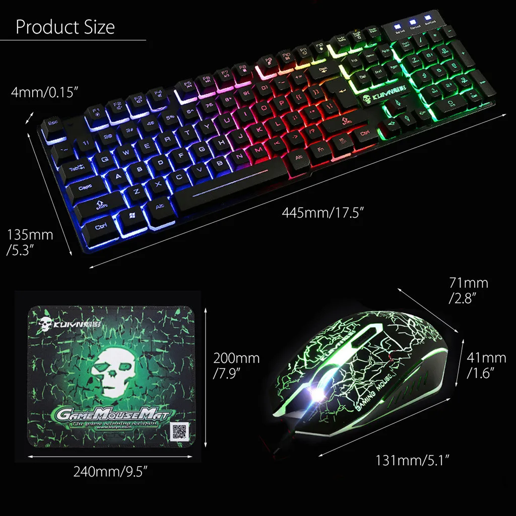 Teclado Gamer Набор клавиатуры и мыши T6 Радужная Подсветка Usb Эргономичный для ПК ноутбук клавишный геймер клавиатура и мышь комплект накладки