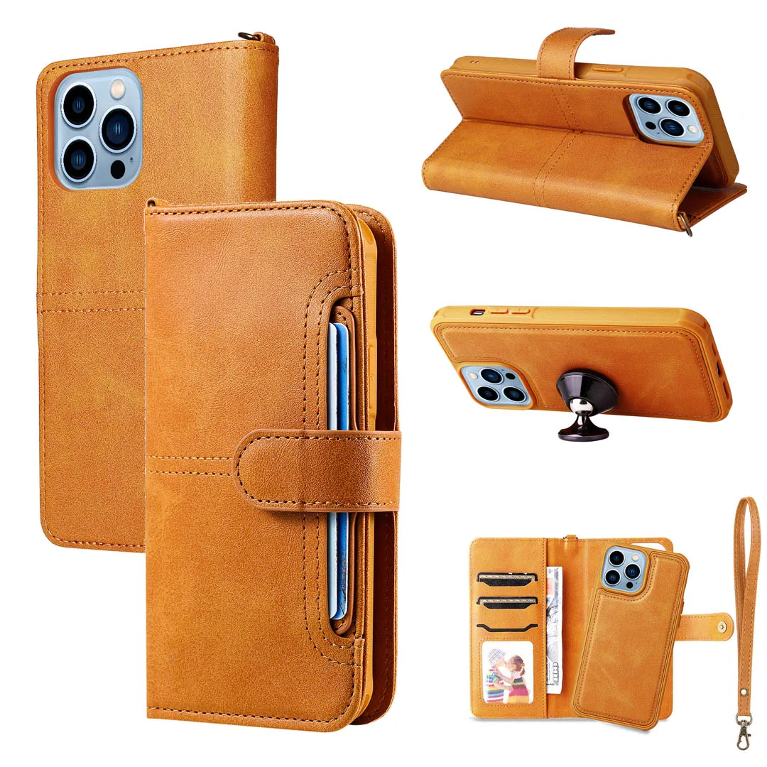 

Folio Case for iPhone 13 Pro Max 12 Mini 11 XR XS 7 8 Plus 6S Removable PU Leather Card Holder Wrist Strap TPU Back Phone Cover