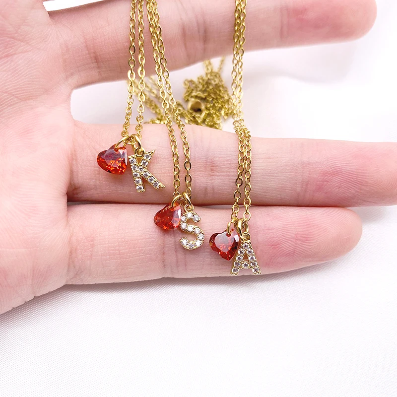 Fashion Tiny Red Stone Heart Dainty Initial Necklace Gold Color Letter Name Choker Statement Necklace For Women Pendant Jewelry