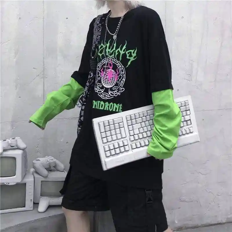 NiceMix Harajuku флуоресцентный зеленый буквенный принт поддельные 2 шт Лоскутная футболка Осенняя уличная футболка с длинным рукавом Женская Мужская