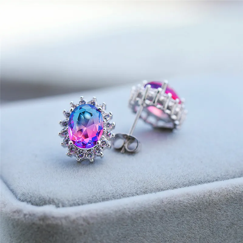Cute Female Blue Oval Stud Earrings Simple Crystal Silver Zircon Stone Earrings For Women Luxury Vintage Wedding Earrings