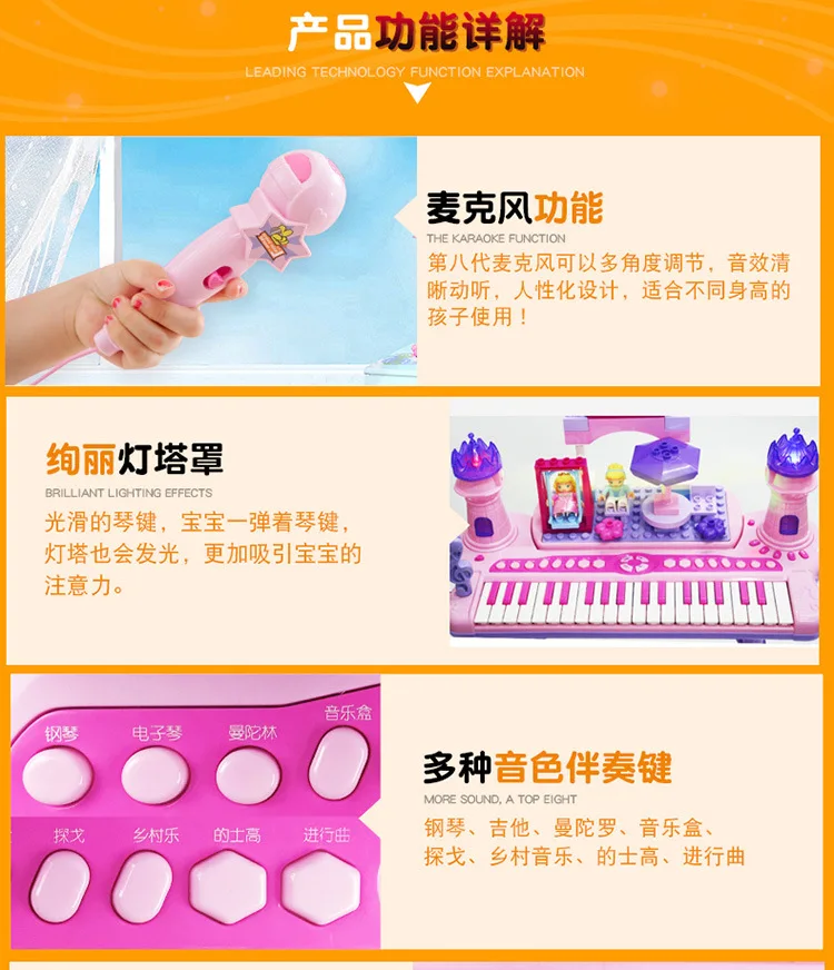 Buddyfun подлинный продукт, детская электронная клавиатура, строительные блоки, игрушечный микрофон, музыка, освещение, Обучающие, Beginn