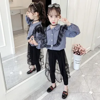 

2020 Girl Spring Autumn Clothing Set Plaid Lace Shirts +mesh Skirts Leggings Kids Children Fashion Elegant 2pcs Clothes Suits