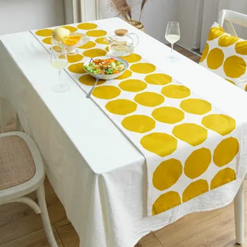

DUNXDECO Table Runner Long Table Cover Fabric Dinner Party Tabelcloth Modern Art Simple Round Geometric Yellow Circle Fabric