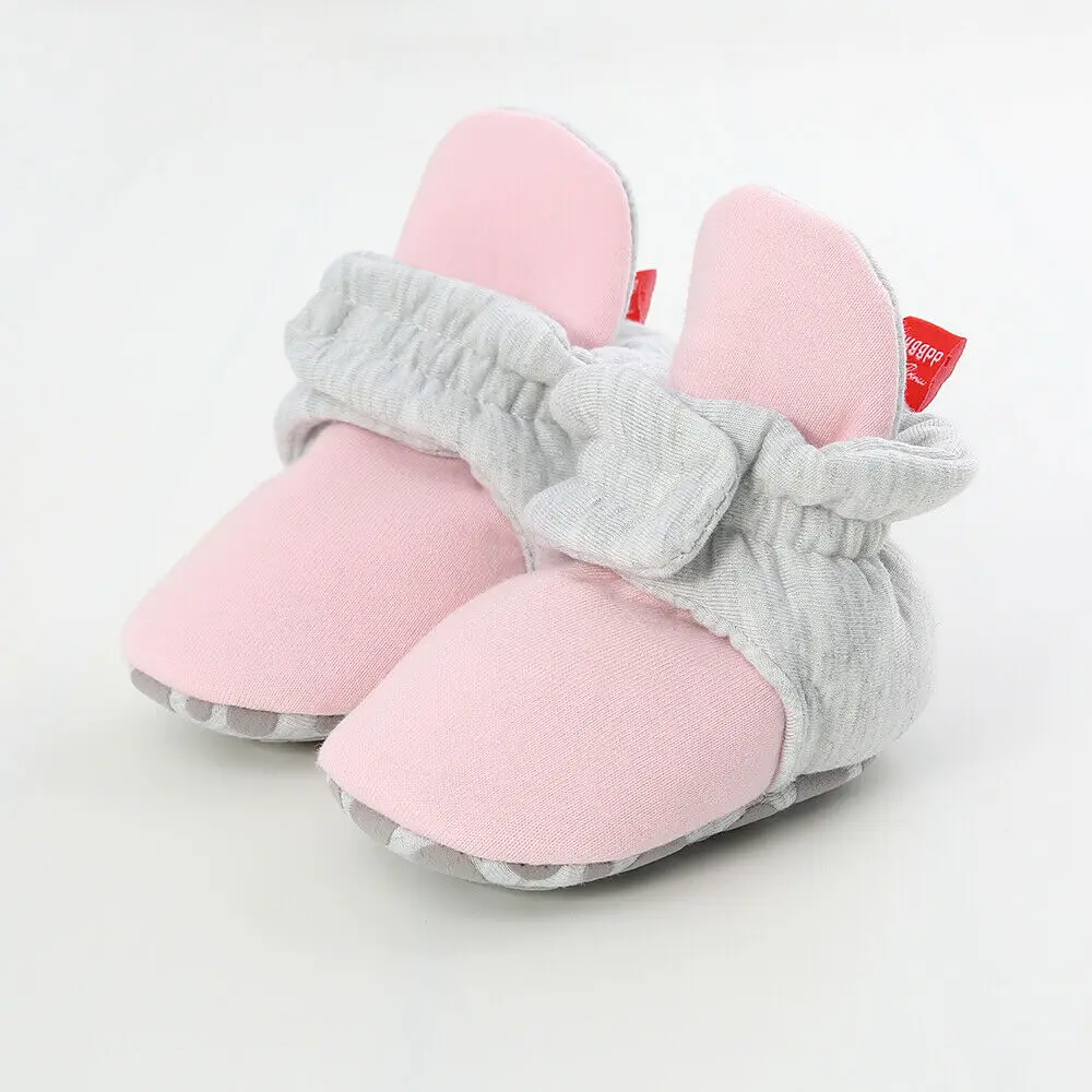 Теплые носки для новорожденных девочек и мальчиков; обувь для мальчиков и девочек с принтом звезды; мягкие хлопковые ботиночки для малышей - Цвет: Grey Pink