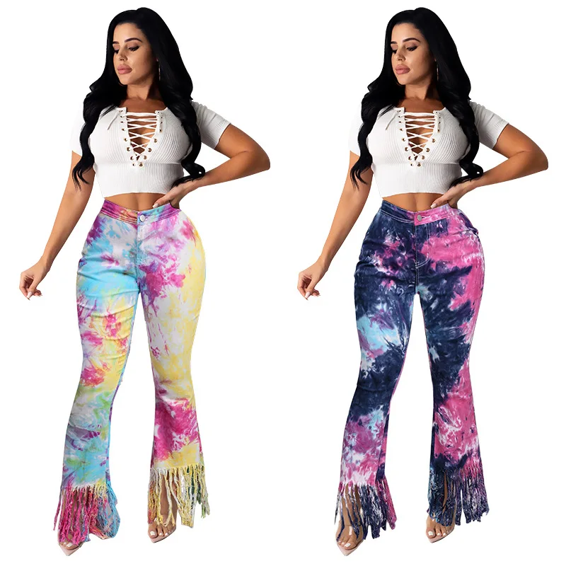 

Jeans Tie Dye Print Tassels Winter Clothes Women Sexy Skinny Pants Sweatpants Micro Flare Trousers Undefined Casual Streetwear