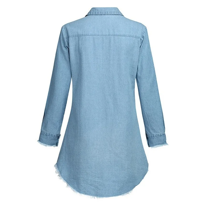  Women Long Shirts Spring Fall Casual V Neck Blouse Tassel Denim Top Ladies Tunic Long Sleeve Long T