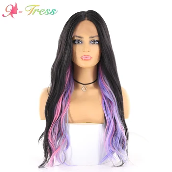 

X-TRESS Trendy Lace Front Wigs Split Color 2 Part Splice Wigs Natural Black & Highlight Pink Wavy Long Hair Heat Resistant Fibre