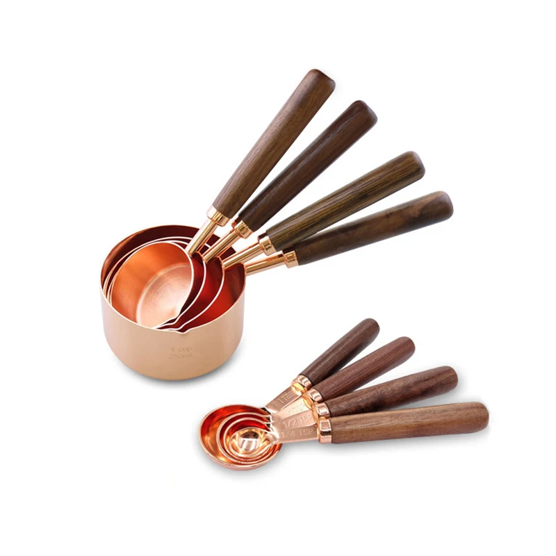 

kitchen dining bar baking tools walnut wooden handle copper plating measuring cups stainless steel spoon cake sugar tools set