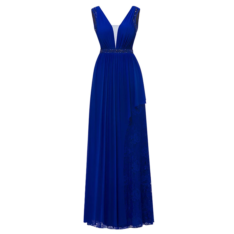 Dressv ярко-синий длинный недорогое вечернее платье с v-образным вырезом без рукавов Бисероплетение Кристалл свадебное вечернее платье ТРАПЕЦИЕВИДНОЕ вечернее платье es - Цвет: Royal Blue