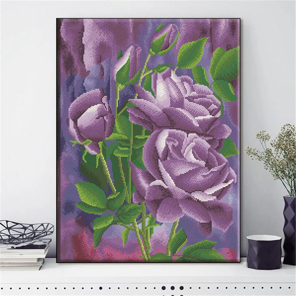 

HUACAN DIY Cross Stitch Rose Flowers Cotton Thread Painting Embroidery Kits Needlework 14CT Home Decoration