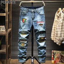 POVOTE jeans men's hip hop trend pants slim pencil pants men's jeans locomotive jeans cartoon embroidery trend design OSK POVOTE jeans men's hip hop trend pants slim pencil pants men's jeans locomotive jeans cartoon embroidery trend design OSK
