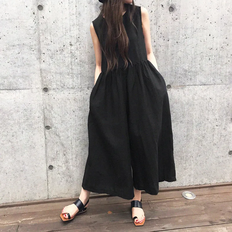 Johnature New Casual Japanese Plus Size Linen Sleeveless Ankle-length Women Jumpsuits 2020 Summer 3 Colors Pockets Playsuits