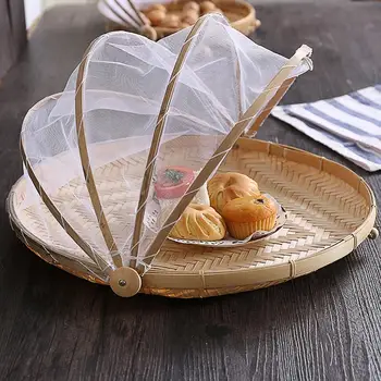 

Hot Handmade Bamboo Woven Bug Proof Wicker Basket Dustproof Picnic Fruit Vegetable Bread Tray Food Bread Dishes Cover With Gauze