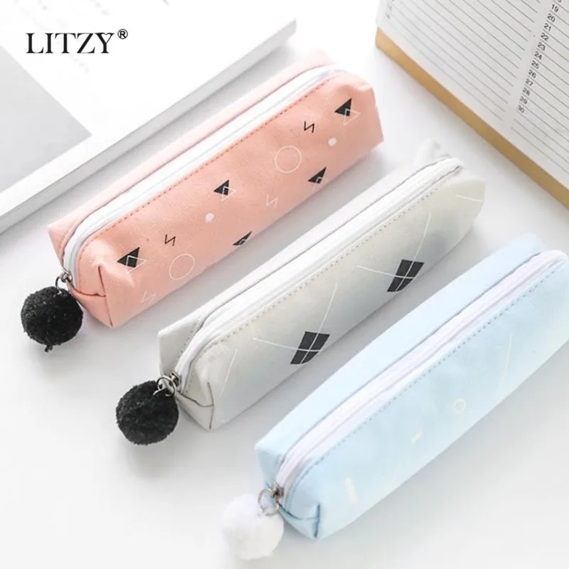 

Concise Solid Color Canvas Pencil Case Kawaii Pencil Case for Girls Boy School Student Stationery Hairball Pencil Bag Pencilcase