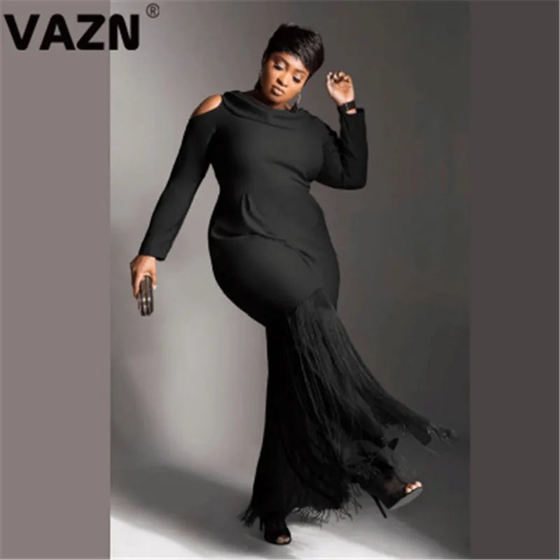 Черный VAZN JLY1840 Autumn Plus Size Black Unusual Sexy Style Untidy Full Sleeve Off Shoulder Thin High Waist Women Maxi Dress - Цвет: Черный