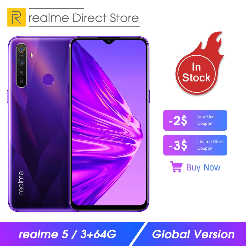 Realme 5, 3 ГБ ОЗУ, 64 Гб ПЗУ, мобильный телефон 6,5 дюйма, Восьмиядерный процессор Snapdragon 665, камера 12 МП, мобильный телефон, 5000 мАч, VOOC, 10 Вт, быстрое зарядное устройство