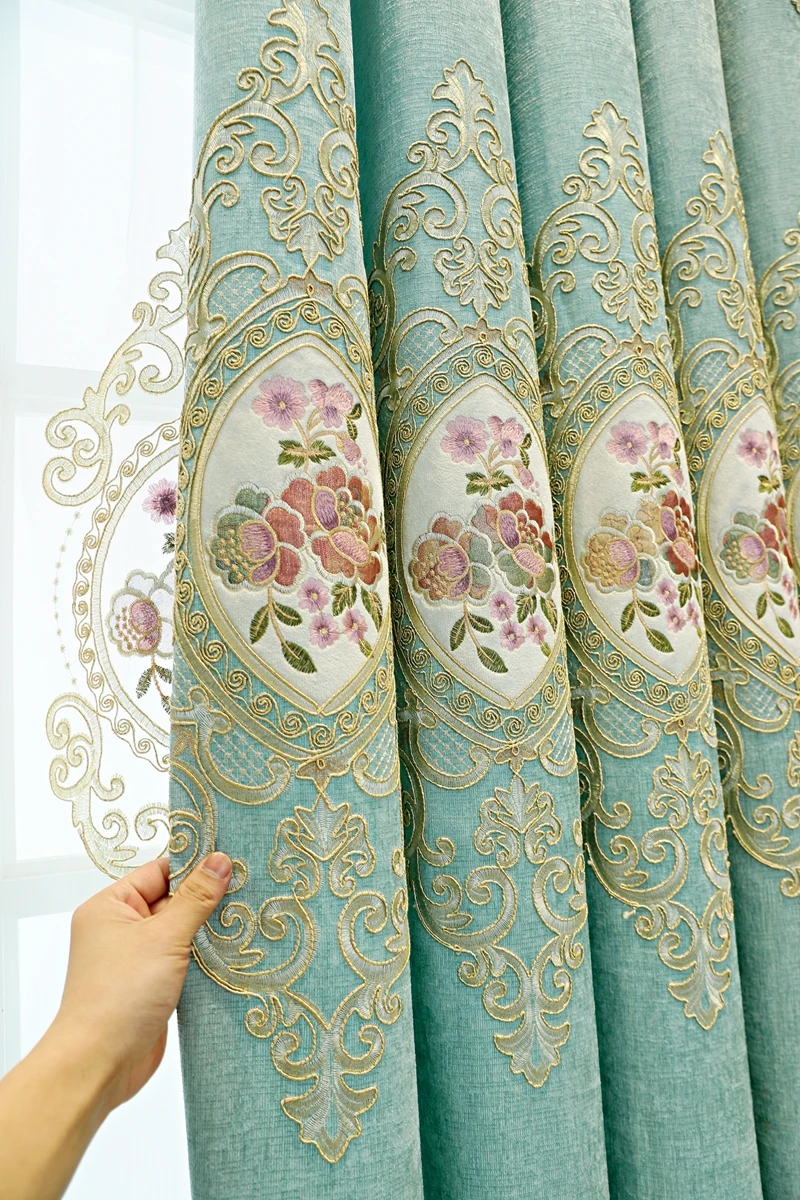 European Chenille Green Gold Thread with Flowers Bedroom Blackout Curtains Exquisite Living Room Embroidery Sliding Door Drapes