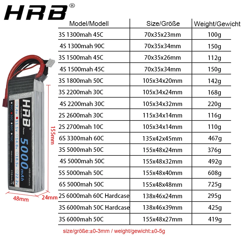 HRB 2S 3S 4S 5S 6S Lipo Батарея 1300 1500 мАч 2200 мАч 2700 мАч 5000 мАч 3300 6000 мА/ч, XT60 T EC5 EC2 7,4 V 11,1 V 14,8 V 22,2 V RC Запчасти
