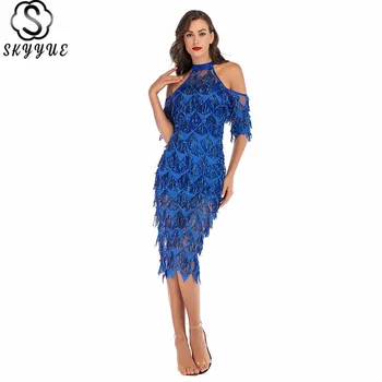 

Skyyue Coctail Dress Half Sleeve Beading Cocktail Dress Party Sequined Illusion Knee-Length Tassel Robe Cocktail Gown YM016
