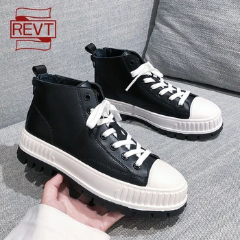 

REVT boots British style Genuine Leather Sneakers Thick bottom Martin boots top quality womens motorcycle boots womens shoes