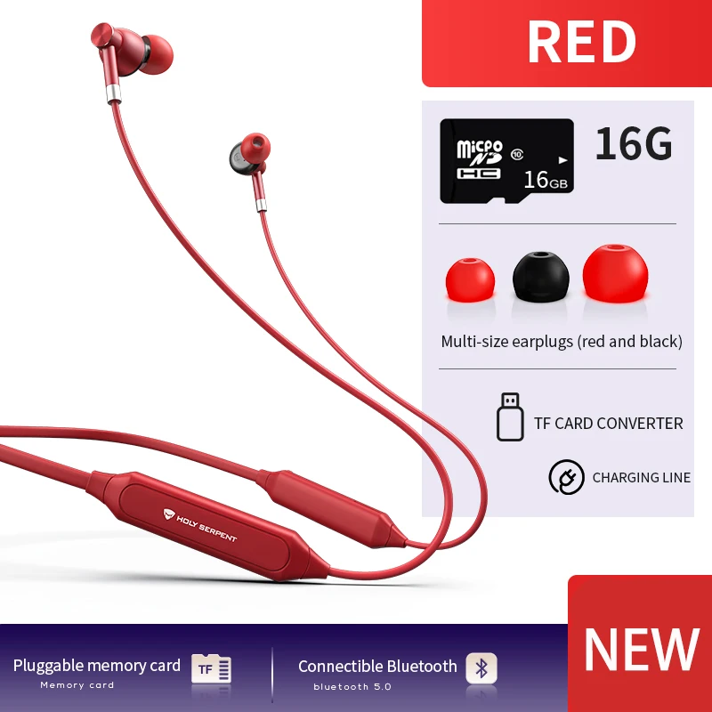 Red 16G HOLY SERPENT K0 Bluetooth 5,0 наушники 8G/16G/32G спортивные наушники Универсальная беспроводная музыкальная гарнитура HIFI бас Наушники быстрая - Цвет: Red 16G