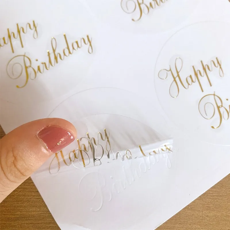 Pegatinas de sello de feliz cumpleaños redondas transparentes, 60 uds., etiqueta de regalo, bricolaje, Deco, etiqueta impermeable de gran tamaño para cartón de pastel