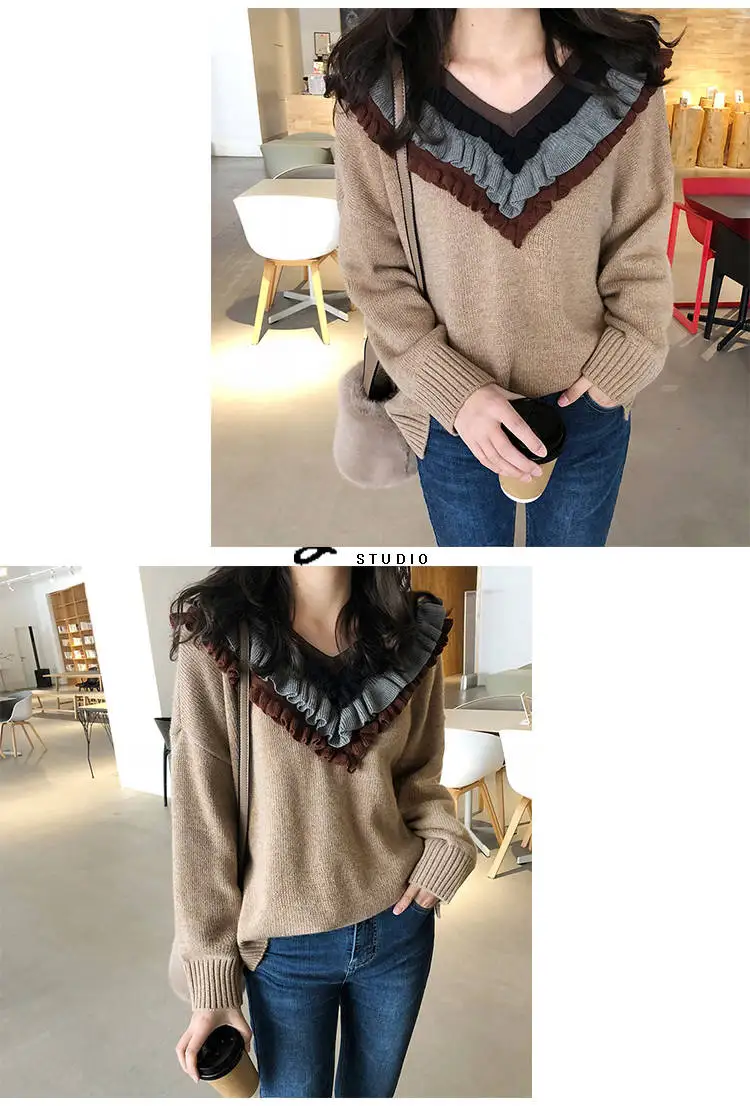 Woherb винтажный свитер для женщин с оборками и v-образным вырезом, пуловеры с длинными рукавами Harajuku, повседневное вязаное Свободное Топы, модные новые Джемперы 90903