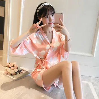 

2pcs nightgown Women sets summer Sweet Printed Kimono Short Sleeve Autumn Pajamas Sleepwear Homewear ladies