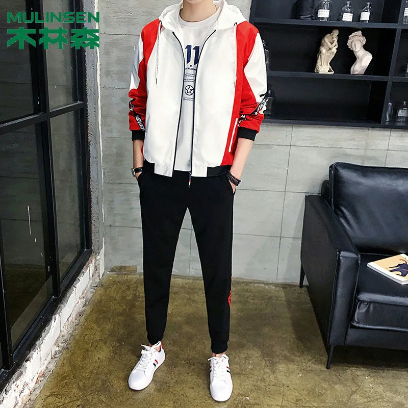 

MULINSEN Spring And Autumn Leisure Suit Men's Fashion Slim Fit Youth Students Hooded Set Two-Piece Set
