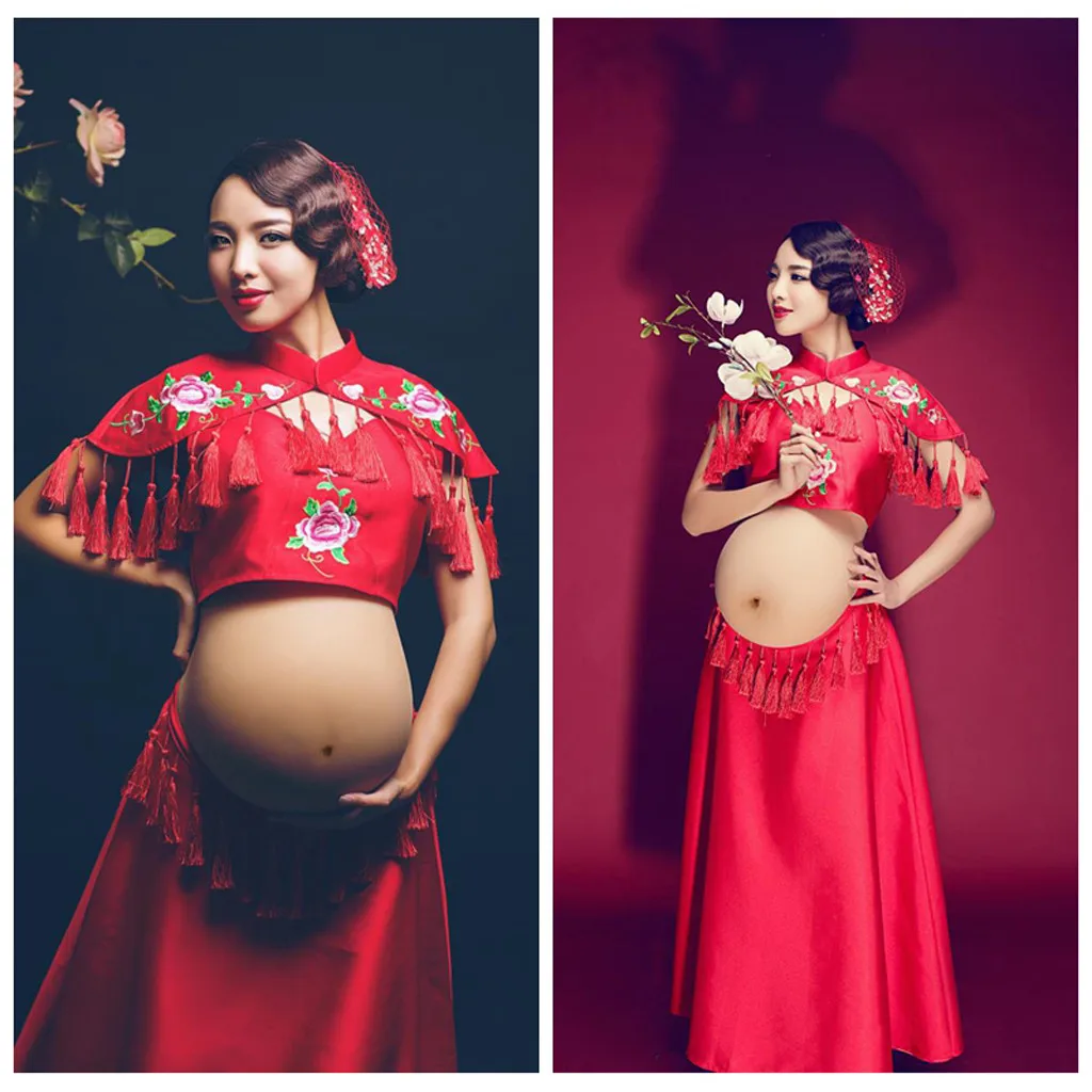 

Maternity Chinese style Gown Size Stretch red Maternity Dress for Shoot Split Front Photo Props Baby Shower Gift Dress sukienki