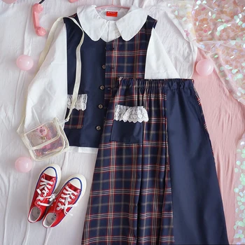 

Spring New Women Uniform Suit Girls Harajuku Retro Soft Sister JK Japanese Splice Plaid Vest Skirt Two Piece Sets College Style