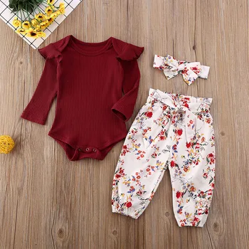 

Pudcoco Newborn Baby Girl Clothes Solid Color Long Sleeve Romper Tops Flower Print Long Pants Headband 3Pcs Outfits Clothes