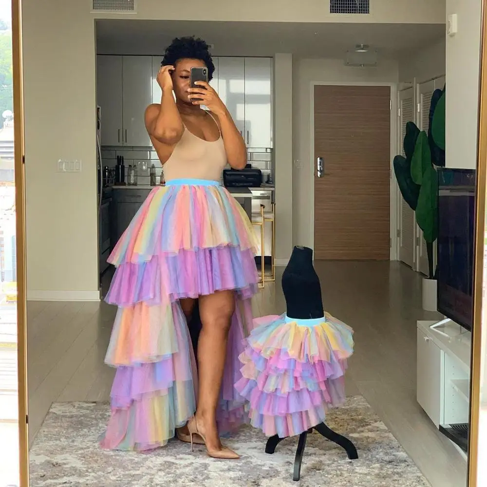 Madre E Figlia Gonne Di Tulle Colorate Increspature Estive Gonna A Strati Arcobaleno Per Bambini Moda Gonne Lunghe Alte Basse Donna Estate