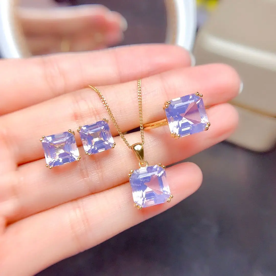 

Natural Lavender Quartz Amethyst Set Asscher 10x10mm Gemstone Jewelry Earrings Pendant & Ring 925 Silver Engagement Women Gift