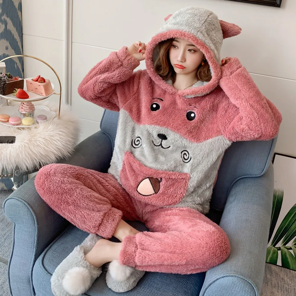 Cute Pajamas Set 2 Pieces Women Sleepwear Warm Winter Thick Coral Fleece Hooded Cartoon Girl Homewear Animal Pajamas
