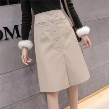 Повседневные юбки до колена из искусственной кожи с завышенной талией; сезон осень-зима; женские юбки на пуговицах; Faldas Mujer Moda